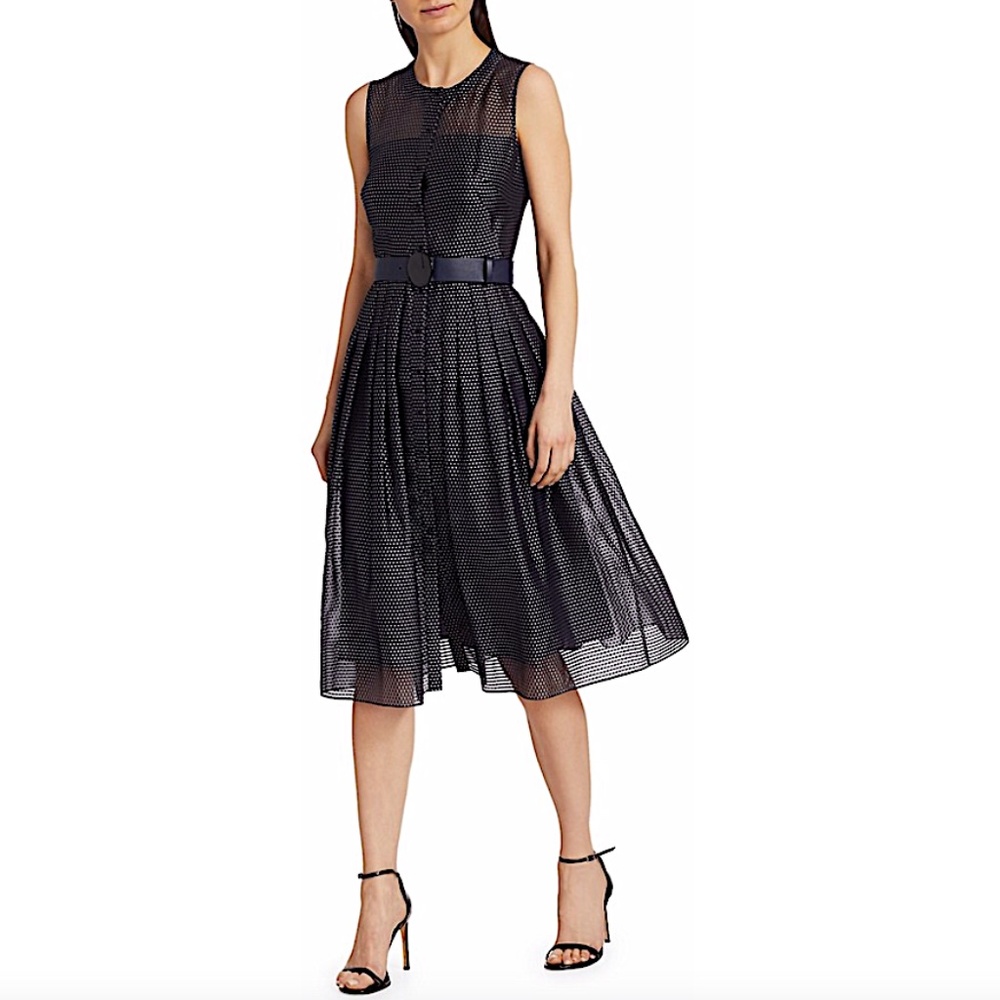 AKRIS PUNTO Navy Blue Pin Dot Organza Sleeveless Dress